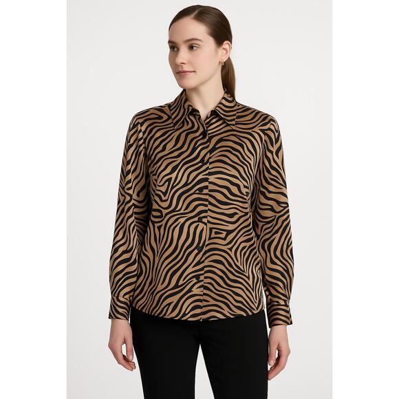 Joan Leslie Women's Blouse 10 Zebra Print Satin Button Up Workwear Vintage Style - Picture 2 of 15